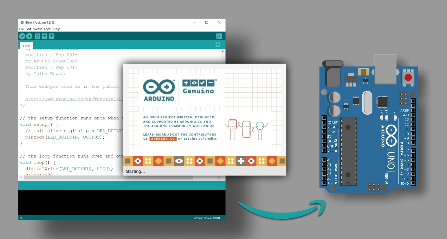 Getting started with Arduino IDE, Featured image consist of Arduino IDE starting view and Arduino uno board