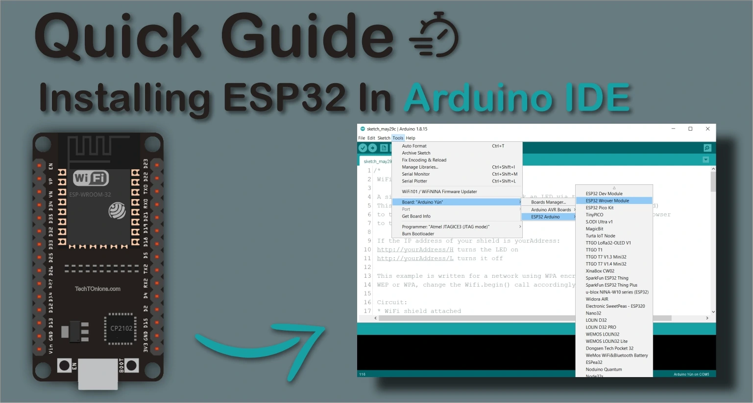 installing ESP32 board in arduino IDE fetured image displaying quick setup